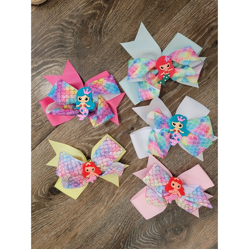 5pc Mermaid Hair Bows Grosgrain Rainbow Scale Alligator Clips 5" t #3